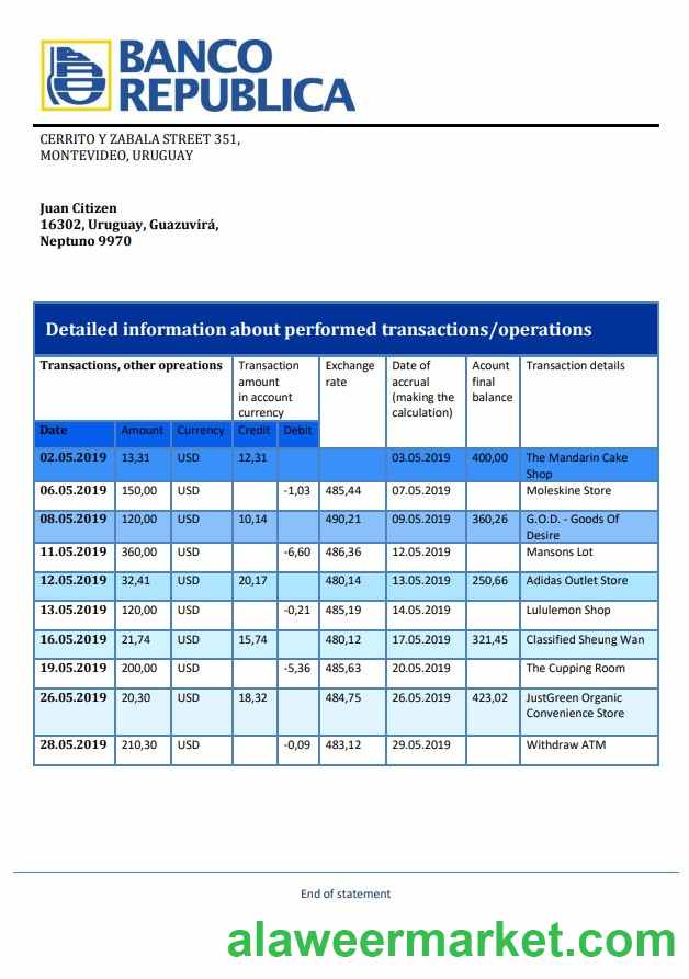 Uruguay Banco de la Republica Oriental del Uruguay bank statement template in Word and PDF format, good for address prove